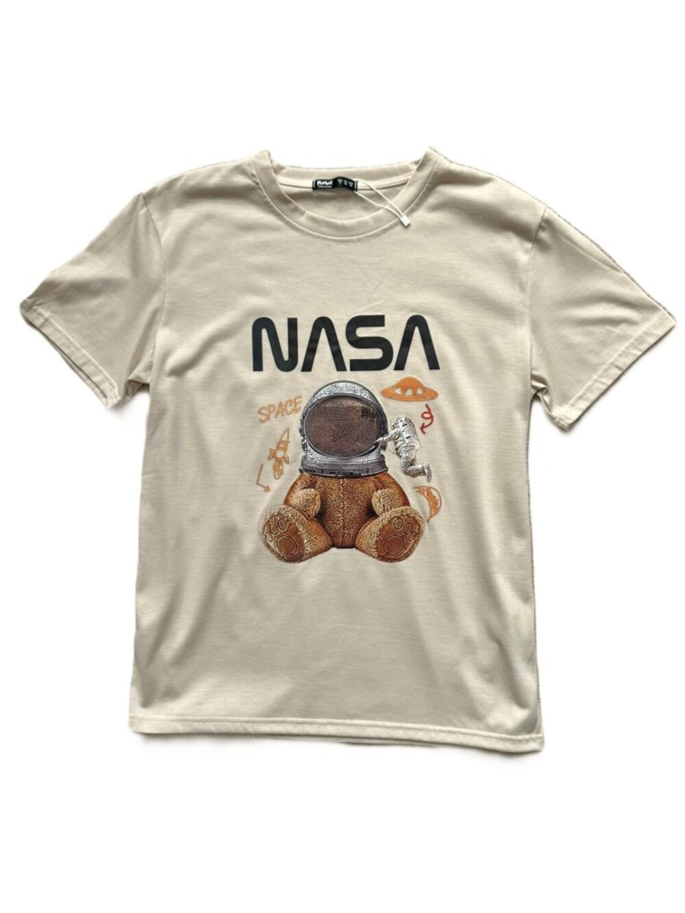 NASA Teddy Bear Space Astronaut Unisex Men's Small T-Shirt Romwe Beige NWOT